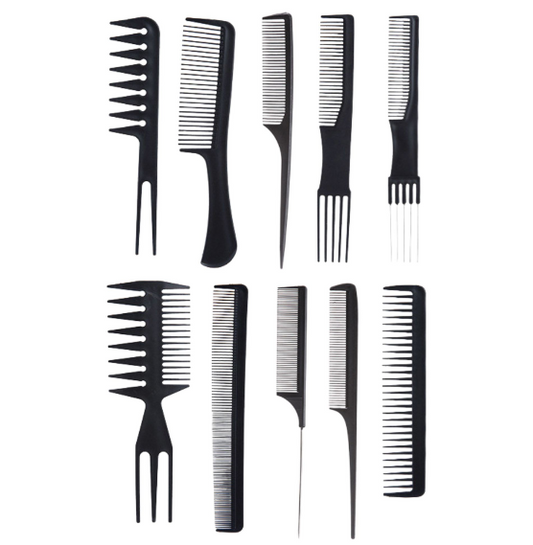 Set piepteni profesionali pentru coafat, Flippy, 10 bucati, PP + Otel inoxidabil, 18,5–22 cm, Rezistenti la caldura, Negru