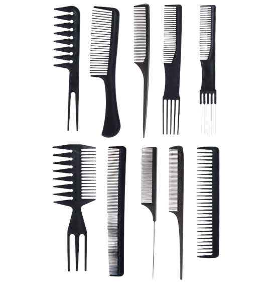 Set piepteni profesionali pentru coafat, Flippy, 10 bucati, PP + Otel inoxidabil, 18,5–22 cm, Rezistenti la caldura, Negru