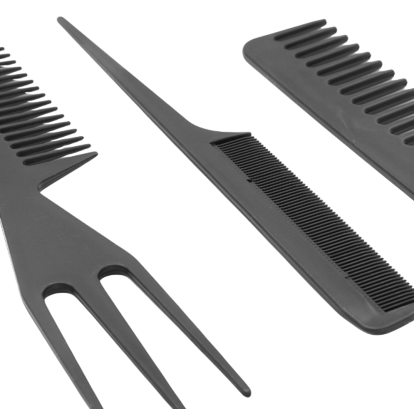Set piepteni profesionali pentru coafat, Flippy, 10 bucati, PP + Otel inoxidabil, 18,5–22 cm, Rezistenti la caldura, Negru