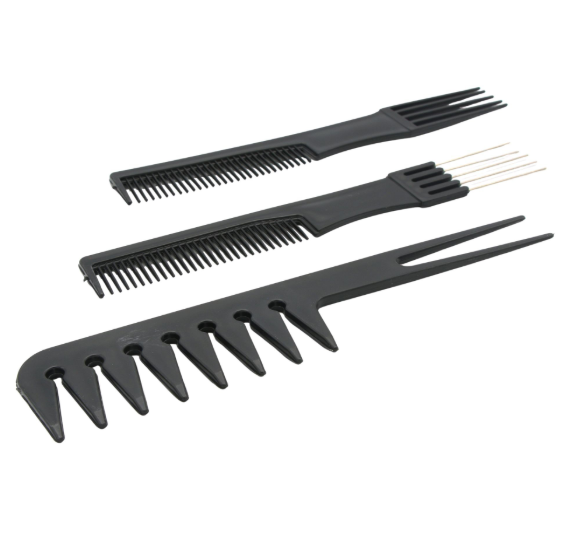 Set piepteni profesionali pentru coafat, Flippy, 10 bucati, PP + Otel inoxidabil, 18,5–22 cm, Rezistenti la caldura, Negru