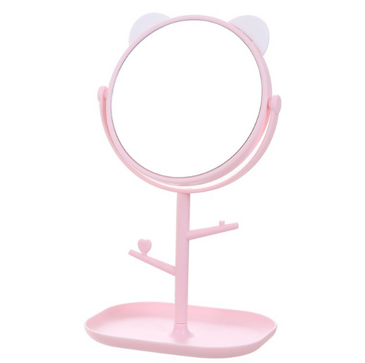 Oglina Cosmetica cu Picior, Flippy, HD, Rotire 360 Grade, 15 cm Diametru, Suport Bijuterii Baza + 2 Brate pentru Accesorii, Model cu Urechi Albe de Ursulet, 30 x 16.5 x 15 cm, Roz