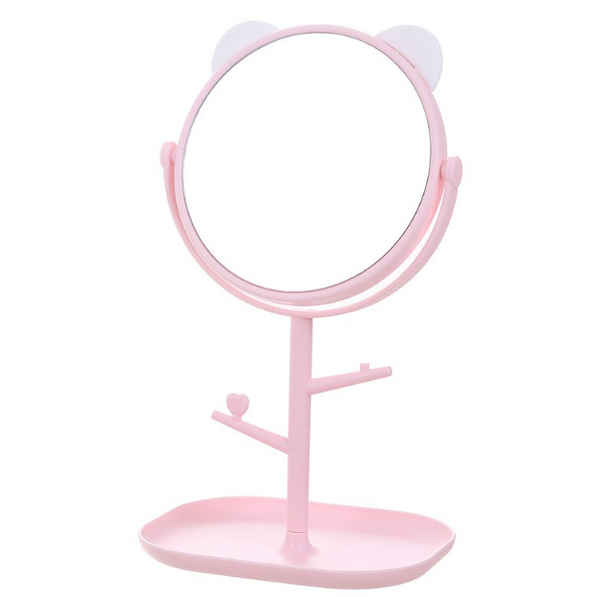 Oglina Cosmetica cu Picior, Flippy, HD, Rotire 360 Grade, 15 cm Diametru, Suport Bijuterii Baza + 2 Brate pentru Accesorii, Model cu Urechi Albe de Ursulet, 30 x 16.5 x 15 cm, Roz