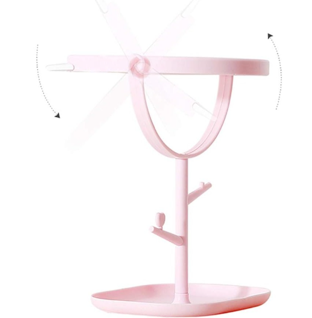 Oglina Cosmetica cu Picior, Flippy, HD, Rotire 360 Grade, 15 cm Diametru, Suport Bijuterii Baza + 2 Brate pentru Accesorii, Model cu Urechi Albe de Ursulet, 30 x 16.5 x 15 cm, Roz