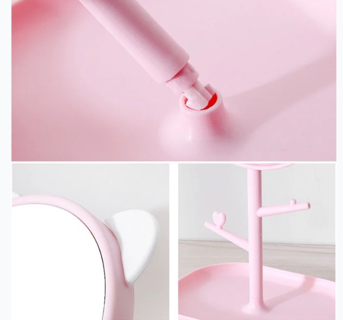 Oglina Cosmetica cu Picior, Flippy, HD, Rotire 360 Grade, 15 cm Diametru, Suport Bijuterii Baza + 2 Brate pentru Accesorii, Model cu Urechi Albe de Ursulet, 30 x 16.5 x 15 cm, Roz
