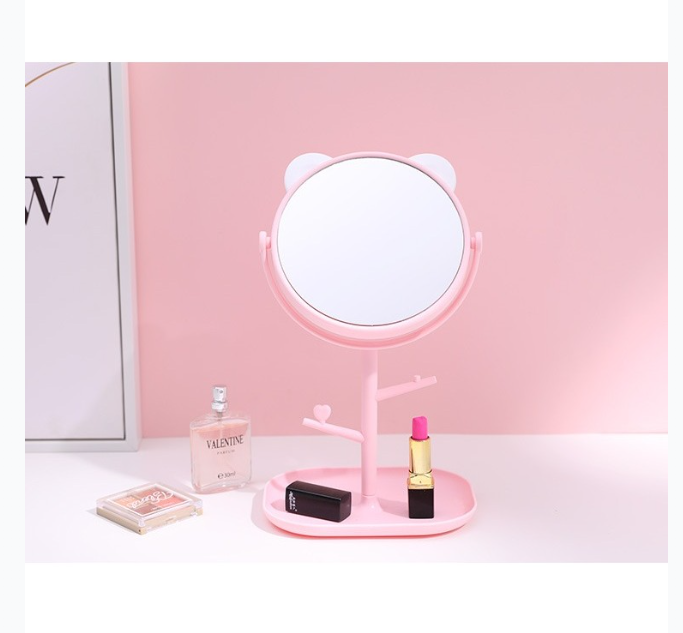 Oglina Cosmetica cu Picior, Flippy, HD, Rotire 360 Grade, 15 cm Diametru, Suport Bijuterii Baza + 2 Brate pentru Accesorii, Model cu Urechi Albe de Ursulet, 30 x 16.5 x 15 cm, Roz